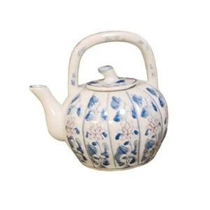 Pumpkin Shape Blue and White Small Teapot Pink Flowers